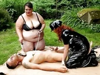 Chubby dominant chicks fuck with their skinny slave outdoors BDSM